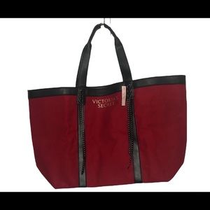 NWT Victoria Secret Travel Large Red Black Tassel Canvas Beach Tote Bag